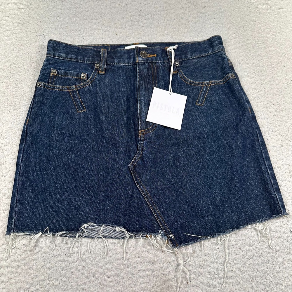 NWT Pistola Rumi High Rise Cut Off Skirt Womens 27 Encore Raw Hem Denim Blue 15"